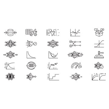 Data Preprocessing, Neural Model Training and Machine Learning Evaluation Line Icons