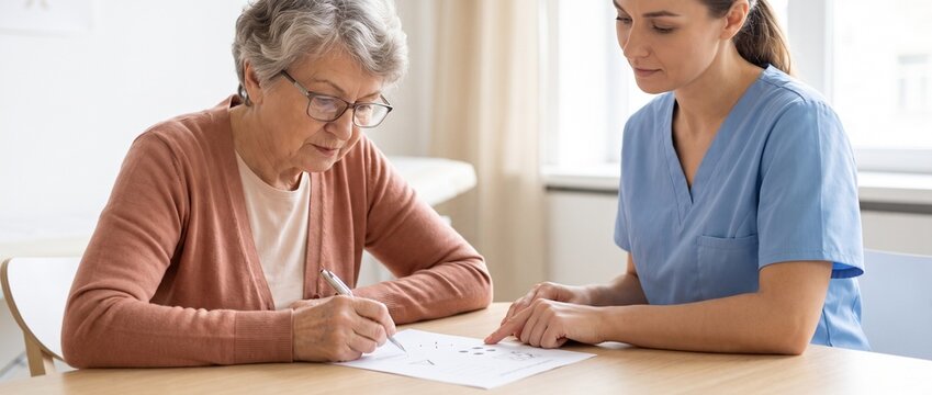 Senior Woman Completing Cognitive Memory Assessment with Healthcare Professional, Dementia Screening and Early Diagnosis Concept