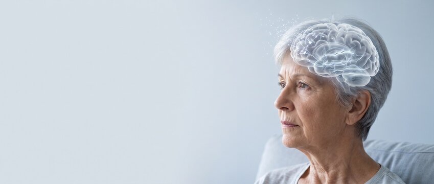 Senior Woman with Fading 3D Brain Neural Connections, Alzheimer Disease, Dementia and Neurodegeneration Concept