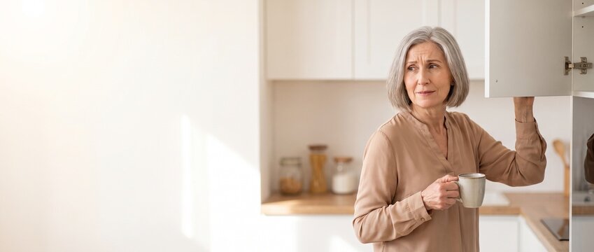 Senior Woman Experiencing Forgetfulness and Confusion in Kitchen at Home, Early Dementia and Memory Loss Concept