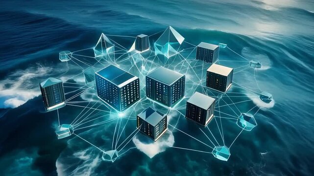 Abstract Network of Digital Blocks Connected on Water Surface, Cryptocurrency Blockchain Concept