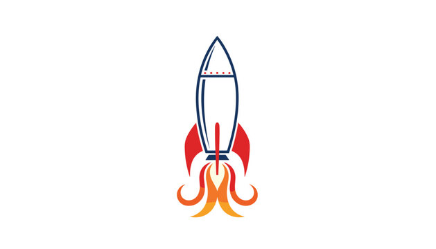 Dynamic vector illustration of a space rocket launching upwards with powerful yellow, orange, and red flames from its engine.