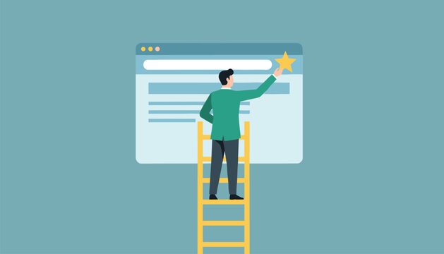 Flat vector illustration of a developer on a ladder adding a favorite star to a digital website browser.