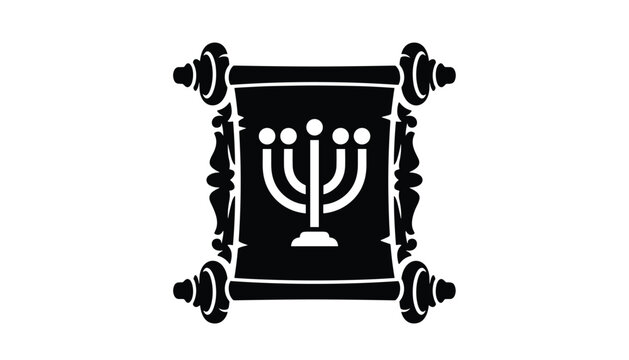 Traditional Jewish scroll silhouette featuring a white menorah candelabrum inside on a pure white background.