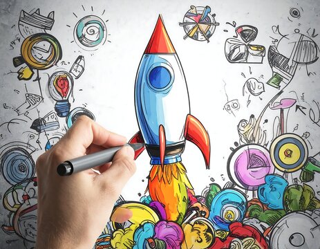 A human hand sketching a colorful startup rocket surrounded by business and innovation doodles, ideal for entrepreneurship and innovation marketing campaigns.