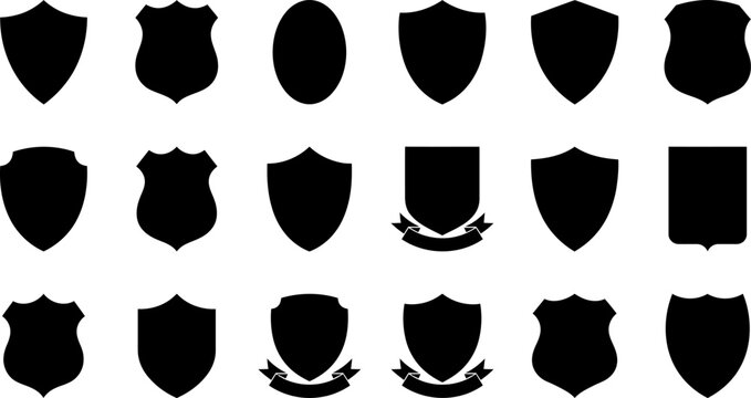 Set of various black shield silhouettes and heraldic crest shapes for logo design and emblem creation