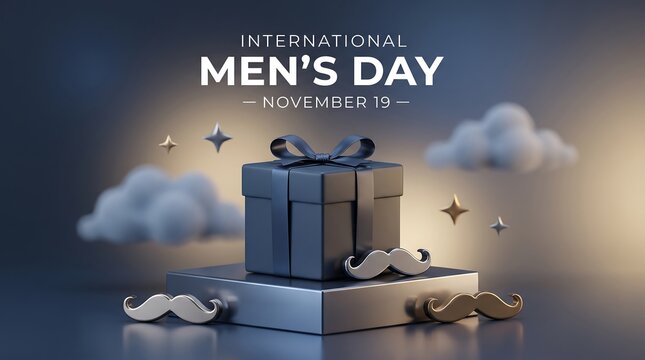 International Men's Day celebration banner, November 19 greeting with gift box and mustache, 3D render blue aesthetic background