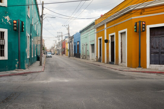 Empty Colonial Street with Colorful Buildings in Valladolid