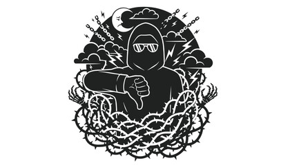 Fototapeta premium Dark underworld character in black hood and sunglasses showing thumbs down surrounded by tangled thorny branches, moon, and dark clouds.