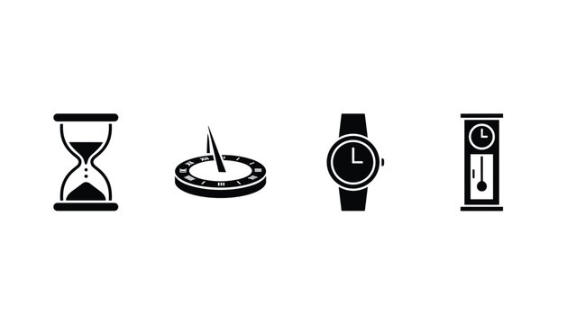 Timekeeping devices illustration showing an hourglass, sundial, wristwatch, and pendulum clock in solid black.