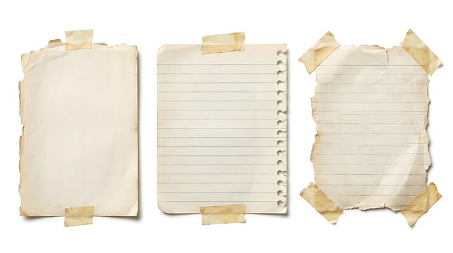 Three different sheets of aged paper with torn edges attached with masking tape on white background with lined patterns attached background using strips