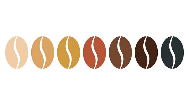 Seven coffee beans arranged in a row showing a gradient of different roasting levels color with lined horizontally