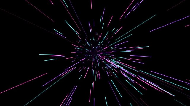 Hyper jump warp speed multicolor neon light streaks radiating in space futuristic background