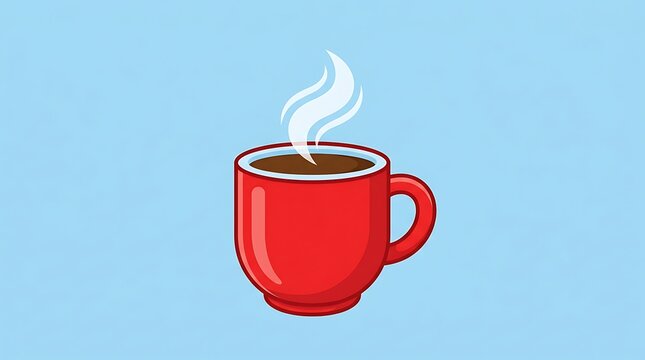 A red mug filled with hot dark liquid steaming on a solid blue background with beverage centered against ceramic mug with against flat light