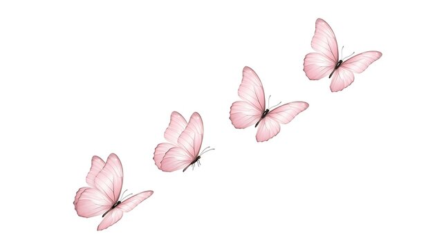 Four soft pink butterflies flying in a diagonal line against a plain white background with against clean isolated four delicate light