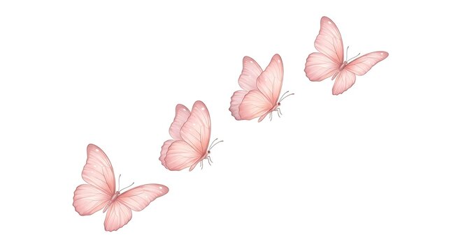Four pink butterflies flying in a diagonal line isolated on a white background with flying formation with formation against clean, butterflies shown