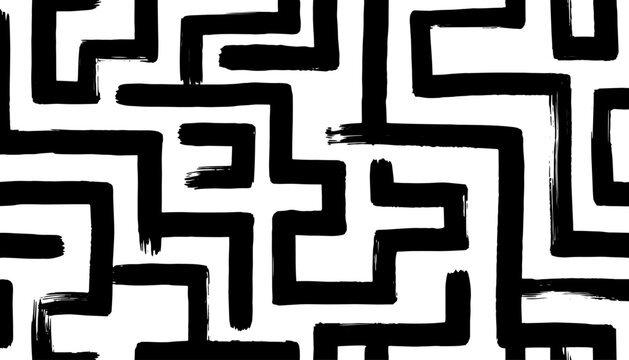Abstract maze pattern featuring bold black hand painted ink brush strokes on a white textured background