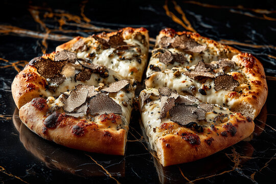 Gourmet truffle mushroom pizza with mozzarella and shaved truffle, luxurious dark marble table, subtle cinematic lighting, high-end restaurant photography, sophisticated realistic food styling