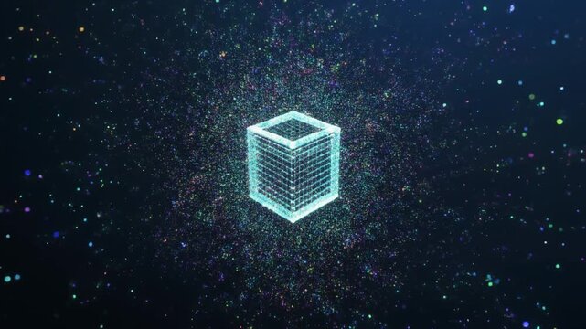 Abstract glowing cube made of digital particles, representing data, technology, and blockchain.