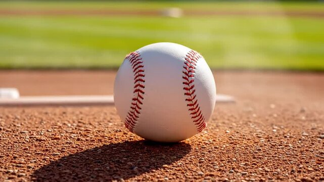Close-up baseball on the baseball field with focus on the ball in the infield in beautiful sunlight