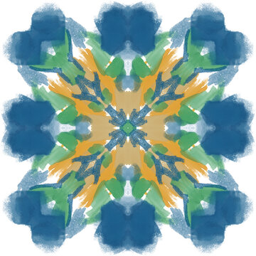 Blue Green Floral Mandala With Golden Brush Details