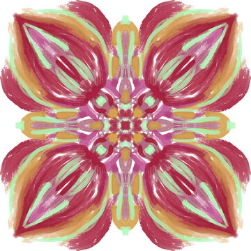 Red Magenta Floral Mandala With Mint and Gold Accents