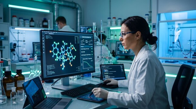 Professional scientist woman in lab wearing white coat and safety glasses analyzes molecular structure on computer screen using advanced digital tablet interface.