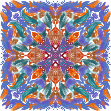 Colorful Orange Teal Floral Mandala With Purple Accents