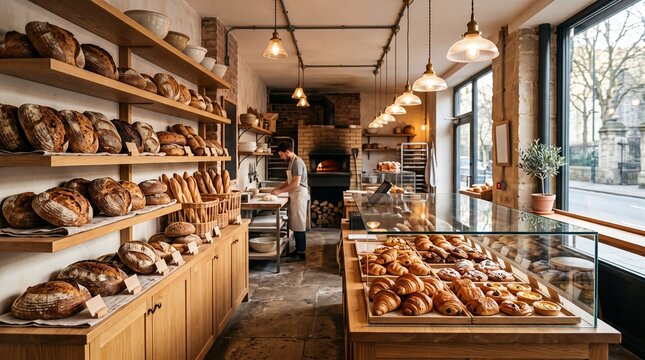 Warm artisanal bakery interior with wooden shelves stacked with fresh sourdough bread and glass display full of pastries representing rustic baker shop
