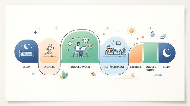 Daily routine cycle infographic  showing sleep, exercise, work, and rest modules in a continuous loop.