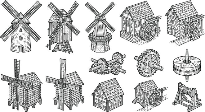 Vector vintage engraving old windmill and watermill illustration set containing traditional medieval wooden mechanism rural architecture collection