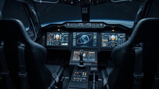 Futuristic spacecraft cockpit with digital control screens orbital navigation data and flight simulator controls representing advanced space travel technology