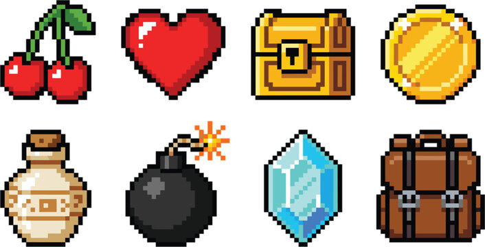Retro 8-Bit Pixel Art Game Inventory Icon Set with Flat Vector Symbols for Red Cherry, Heart Life, Golden Treasure Chest, Coin, Potion, Bomb, Crystal, and Backpack
