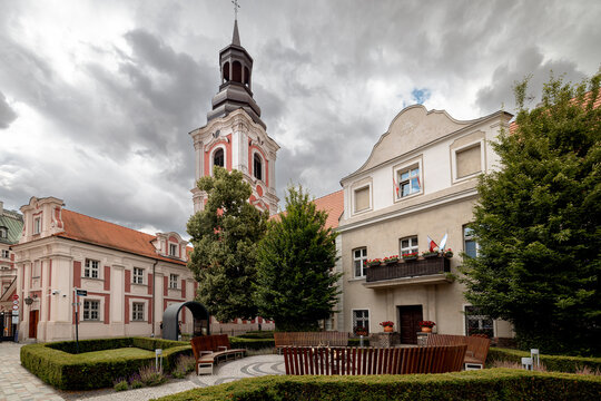 Poznan, Poland - July 8, 2026: Baroque architecture of the former Jesuit complex, Poznan Fara and surrounding historic courtyards forms a major architectural ensemble in Poznan Old Town.