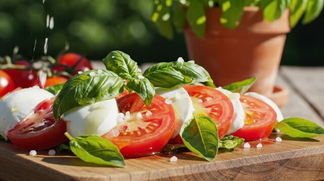 Delicious caprese salad with fresh ingredients on a wooden board, drizzled with olive oil and seasoned