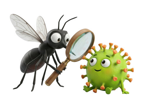 A cartoon mosquito holding a magnifying glass examining a cute green virus character isolated on transparent background