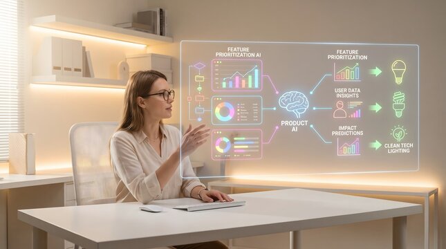 Business professional manages product feature prioritization ai software with neon holographic brain chart interface inside bright office for green tech development.
