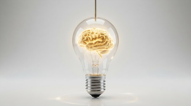 Light bulb with glowing brain inside representing innovation and ideas in a creative workspace with natural light