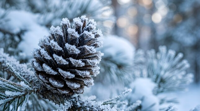 Close-up of a pine cone covered in white frost and snow on a pine branch in a winter forest.