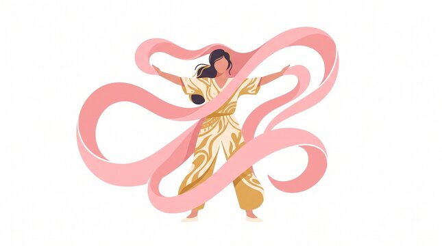 Graceful Woman Dancing with Flowing Pink Ribbon Vector Illustration