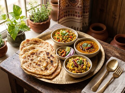 Traditional Bangladeshi breakfast spread with flaky parathas and savory side dishes, depicting authentic South Asian culinary heritage, spice blends, and festive thali meals