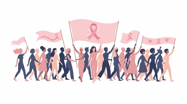 Diverse Group of Women Marching Together for Breast Cancer Awareness Month Vector Illustration