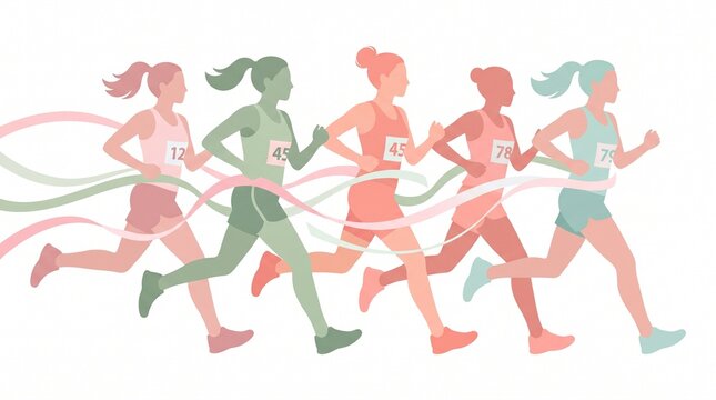 Flat vector illustration of diverse women running in a marathon race