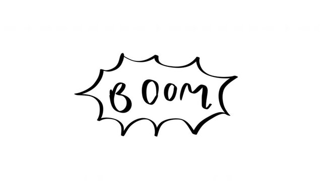 Animated hand drawn Boom text with comic and doodle style  in speech bubble suitable action , surprise, pop art, cartoon ,alpha channel only 4k.