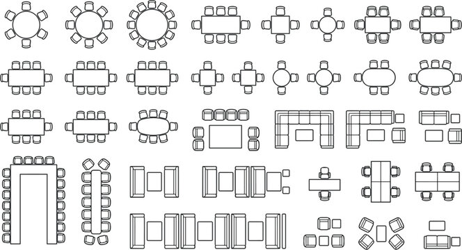 Architectural Floor Plan Furniture Icon Set with Top View Vector Symbols for Office Desks, Conference Tables, Dining Sets, and Living Room Sectional Sofas