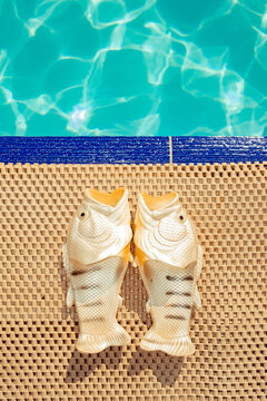 Fish-shaped toys on the edge of a swimming pool
