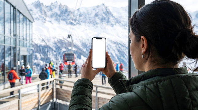 Young traveler holding blank smartphone screen mockup at a ski resort, mobile template for winter sports app marketing and alpine travel vacation concept.
