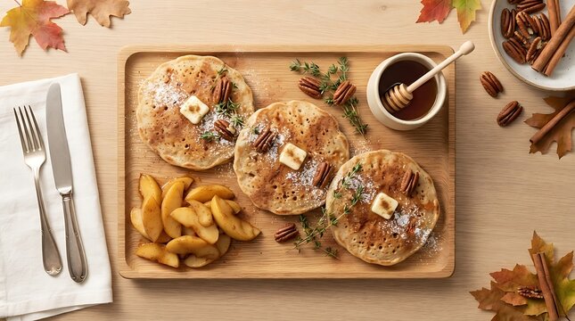 Homestyle breakfast platter featuring pancakes, fries, and syrup served on wooden board with autumn leaves