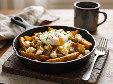 Hearty breakfast poutine with potato wedges, cheese curds, rich gravy, and a poached egg served in a cast iron skillet, conveying Canadian comfort food and delicious brunch ideas