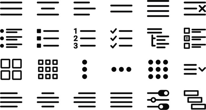 Hamburger Menu Navigation and List Alignment Icon Set with Flat Silhouette Symbols for UI Website Options, Bullet Points, Grid Views, and Text Formatting Graphic Designs